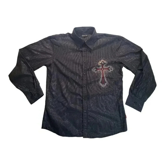For Him London Men's Black Pinstripe Rhinestone Cross Button Up Shirt L - Picture 1 of 16